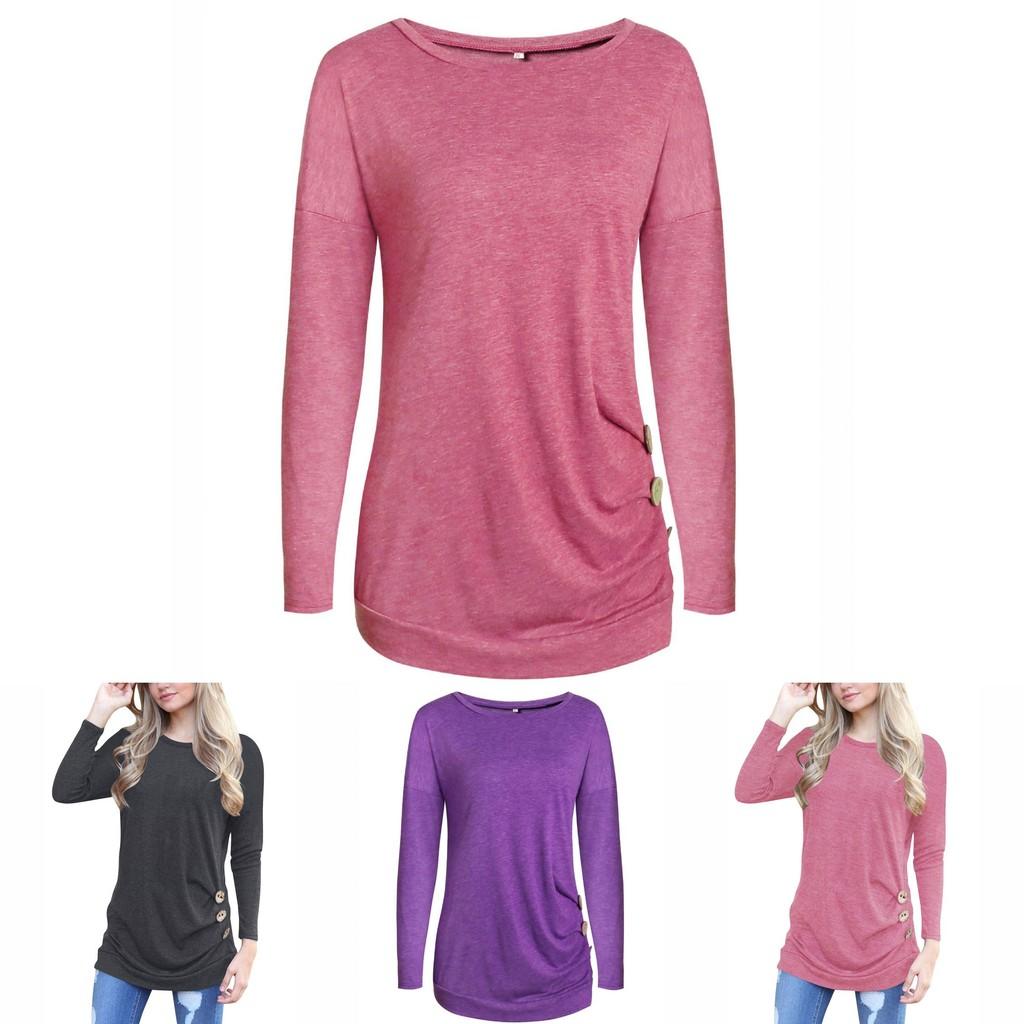 Stylish Long-sleeve Button Detail T-shirt For Women In Various Colors And Sizes