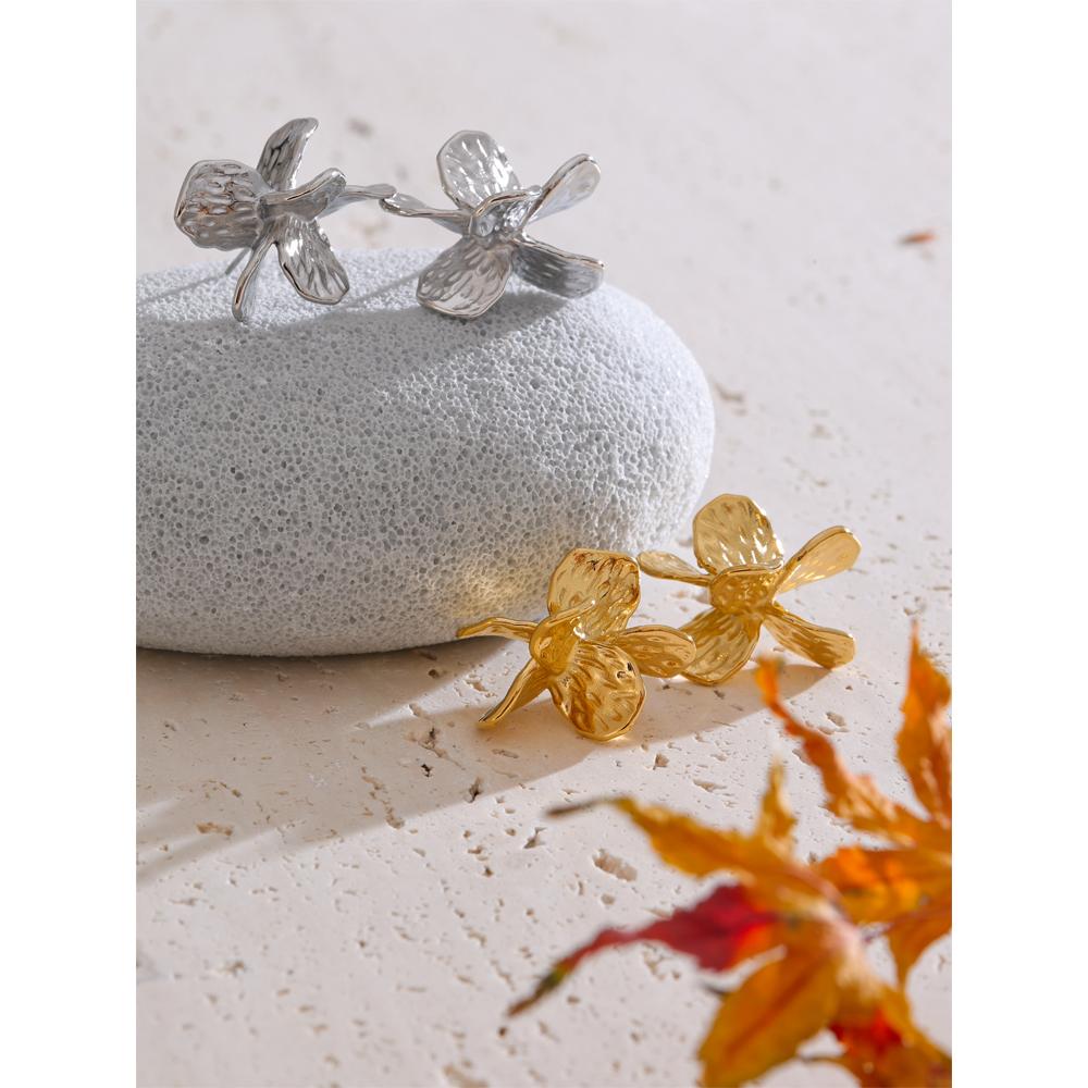 Yhpup Stainless Steel Flower Stud Earrings Gold Silver Color PVD Plated Fashion Ear Jewelry Charm Personality Bijoux for Women