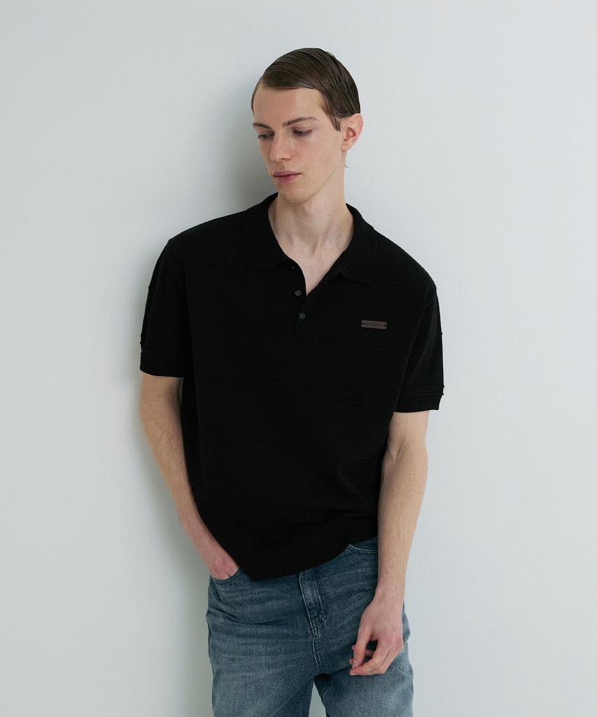 Liimaen Ribbed Detail Knit Polo Shirt Black