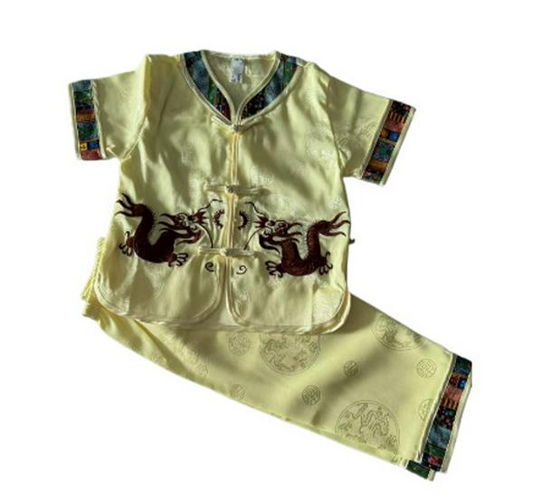 Red Double Dragon Embroidered Tang Suit Set - Boys' Short Sleeve Summer Wear