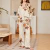 Women's Leaf Print Silky Long Sleeve Button Down Pajama Set Sleepwear Set