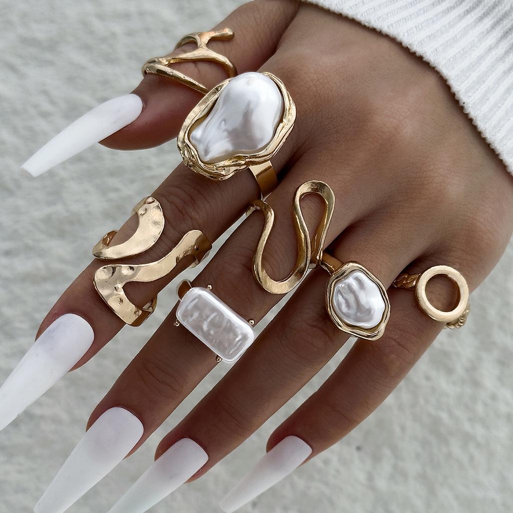 Accessories, versatile stacked wind special-shaped pearl ring, irregular dripping flower ring set