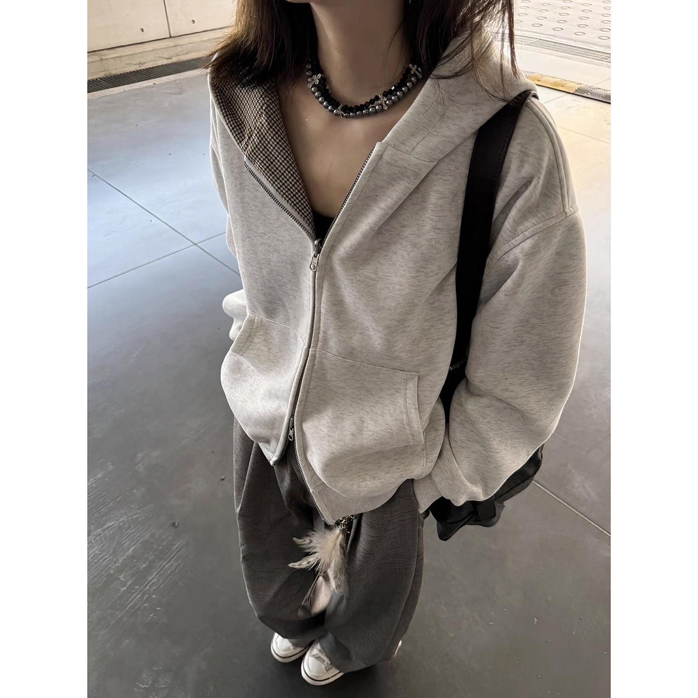 Мужская ретро-куртка с капюшоном и принтом  гусиная лапка  в американском стиле, высококачественный прямой крой по плечам, топ в стиле Miu XL серый