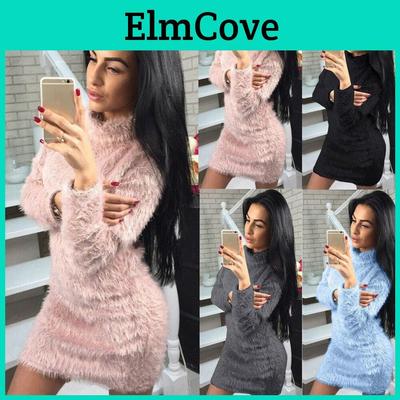 Long Winter Women Sleeve Fluffy Sweater Tops Ladies Party Bodycon Dress Jumper