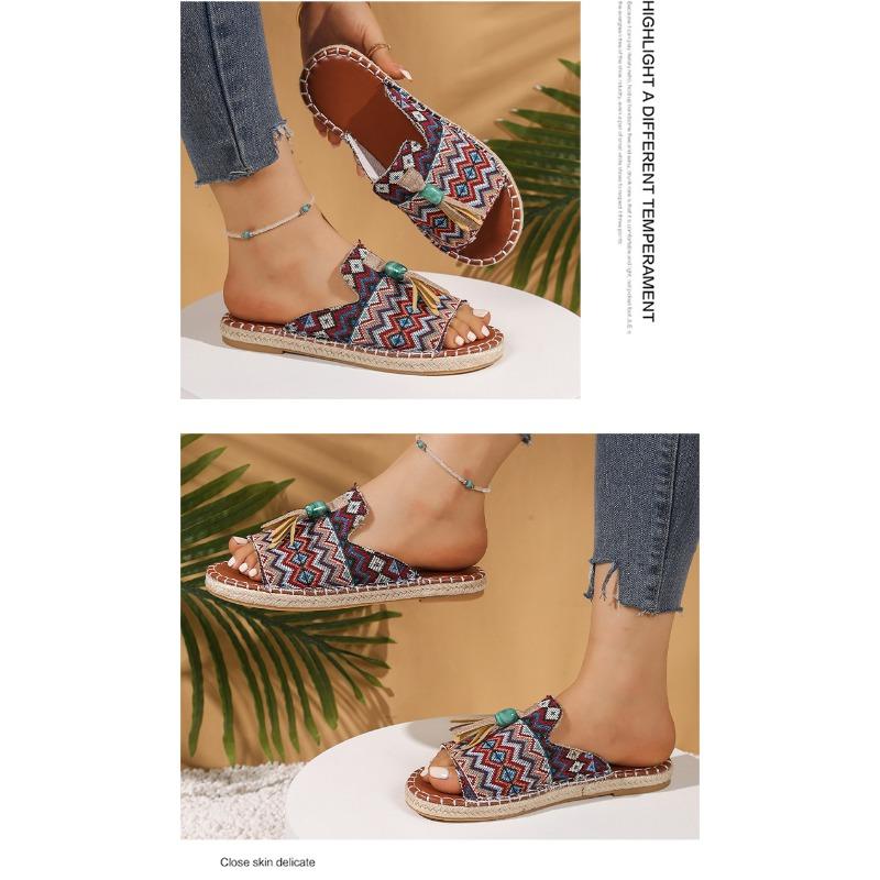 Boho płaskie sandały damskie - Nowość Lato 2025 z frędzlami - Rozmiar 43 Sandały plażowe