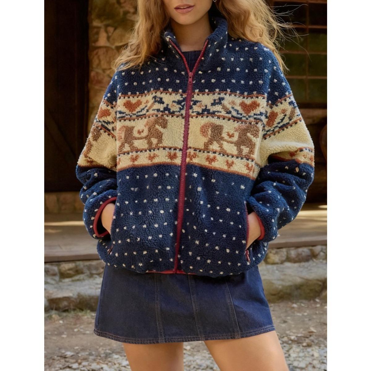 

2025 Зима Осень Новая Мода Женское Пальто С Принтом Снежинки Лося На Молнии С Длинным Рукавом Карманом Шерстяная Смесь для Рождества XXL синий