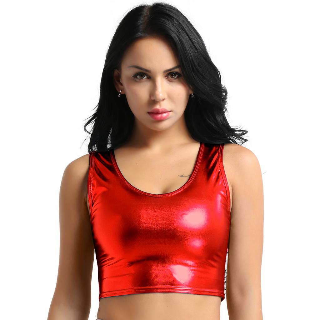 Crop top fără mâneci metalic strălucitor pentru damă, tricou pentru dans disco, bluză, vestă, îmbrăcăminte de club