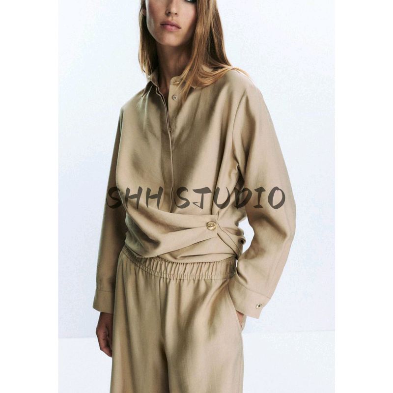 Long Sleeves Gold Button Decoration Double Breasted Shirt 7484053 High Waist Elastic Waist Wide Leg Pants 7484251