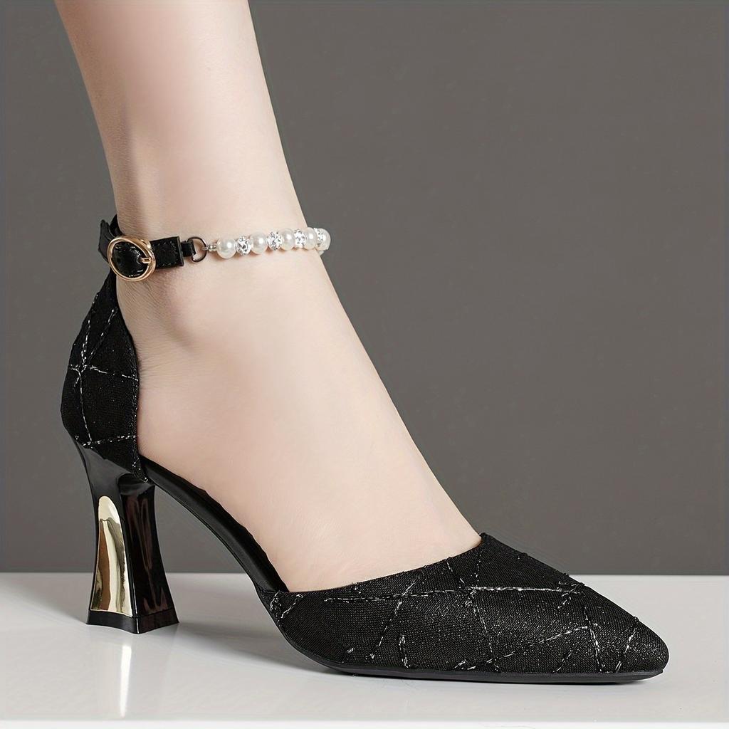 Elegant Faux Pearl Women's High Heels, Point Toe Dress Pumps with Fashion Buckle Strap