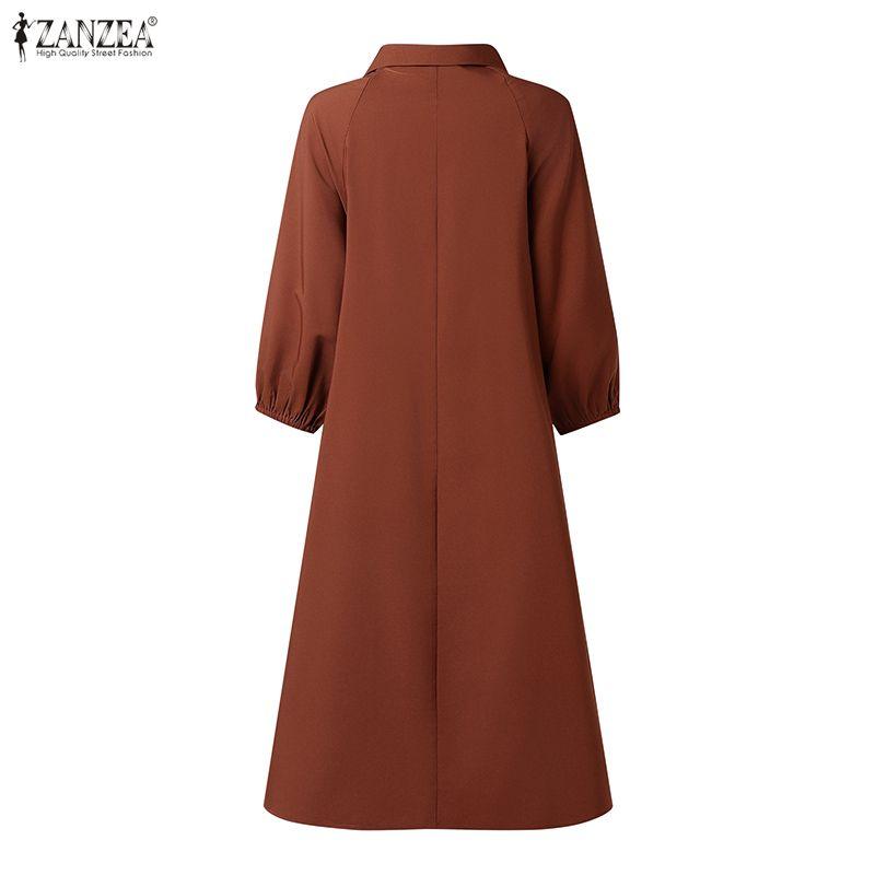 ZANZEA Women Lapel Collar Solid Color 3/4 Sleeve Dress