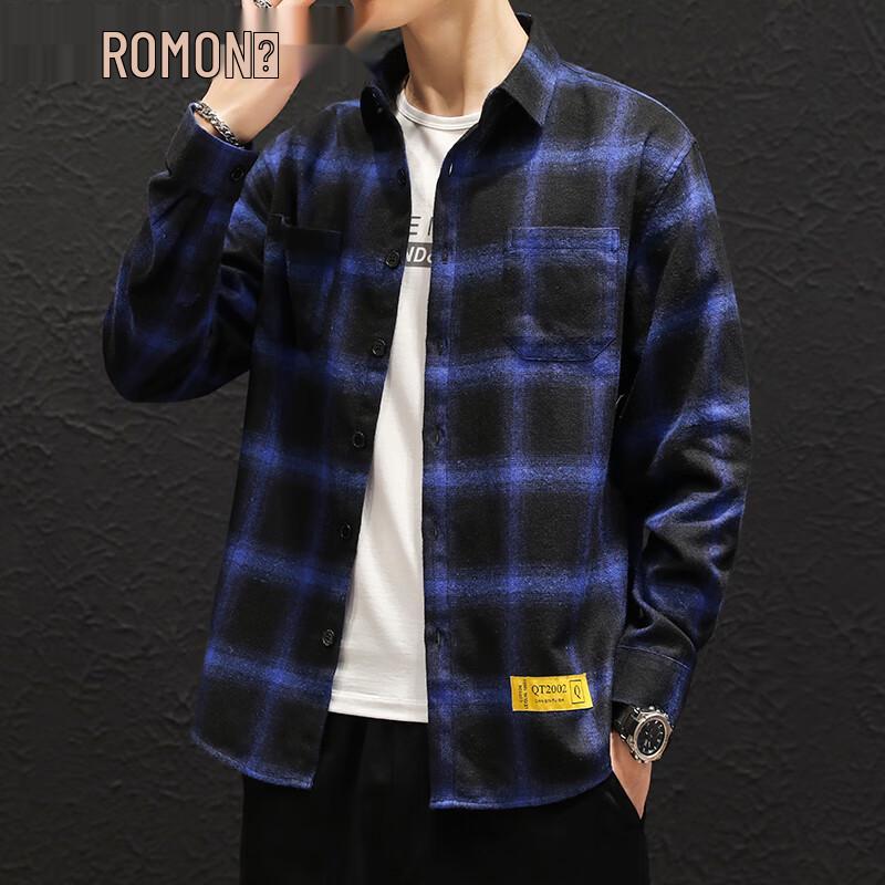 ROMON Men s Casual Loose Plaid Long-Sleeve Shirt 4XL
