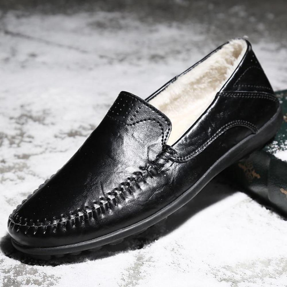 Premium Black Leather Men's Slip-On Loafers with Warm Lining - Autumn Winter Comfort for European Men | Big Sizes 44-47