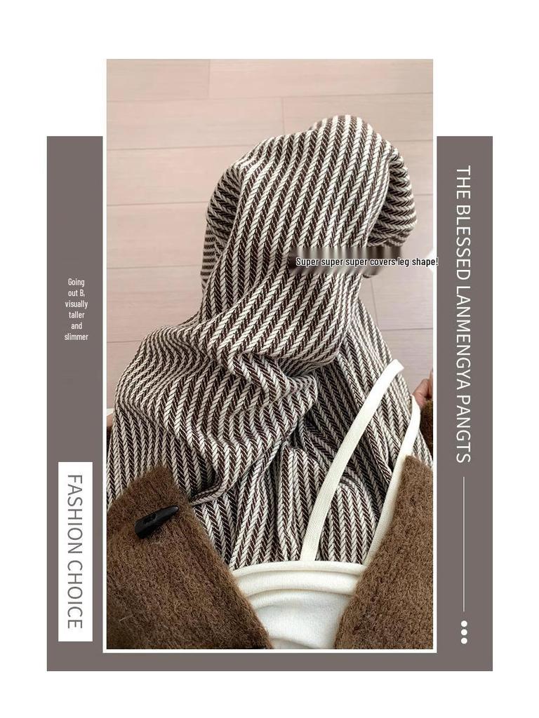 Petite Coffee Pinstripe Casual Women's Wide-Leg Pants, Drawstring High Waist, Relaxed Fit - Perfect for Spring & Autumn.