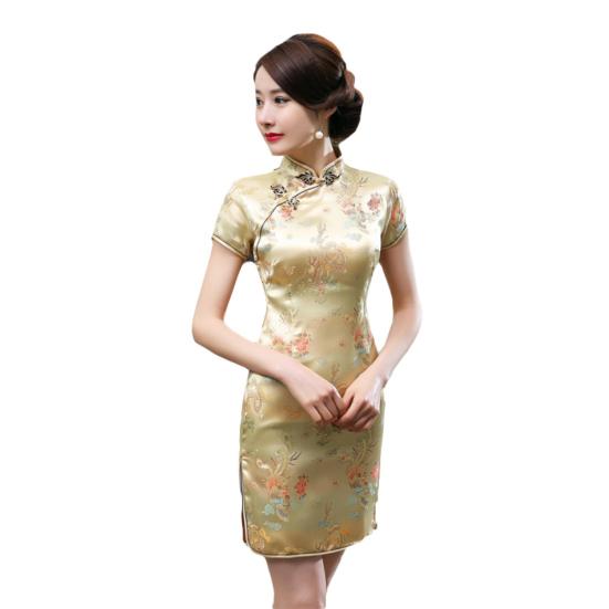 Women Chinese Dragon Phoenix Embroidery High Neck Short Sleeve Split Mini Dress