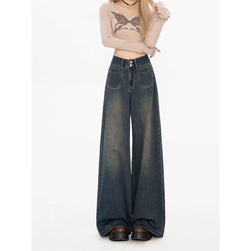 

Plus Size Retro Gray High-Waisted Wide-Leg Jeans for Women - Spring & Autumn Drape Pants XS for 75-85 lbs