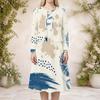 Women Plus Size Beige Black Printed Two Piece Set Round Neck Long Sleeve Cropped Cardigan Sleeveless Midi Dress