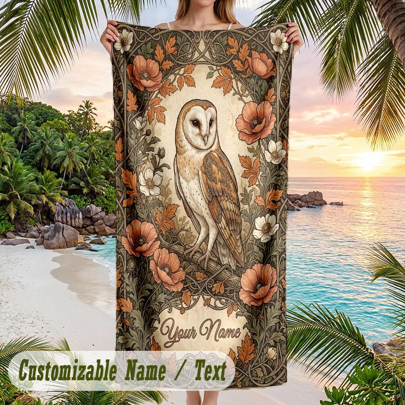 Autumnal Leaves Artwork Theme Quick Dry Beach Towel Custom Name Text Print Large Sand Resistant Towel Beach Vacation
