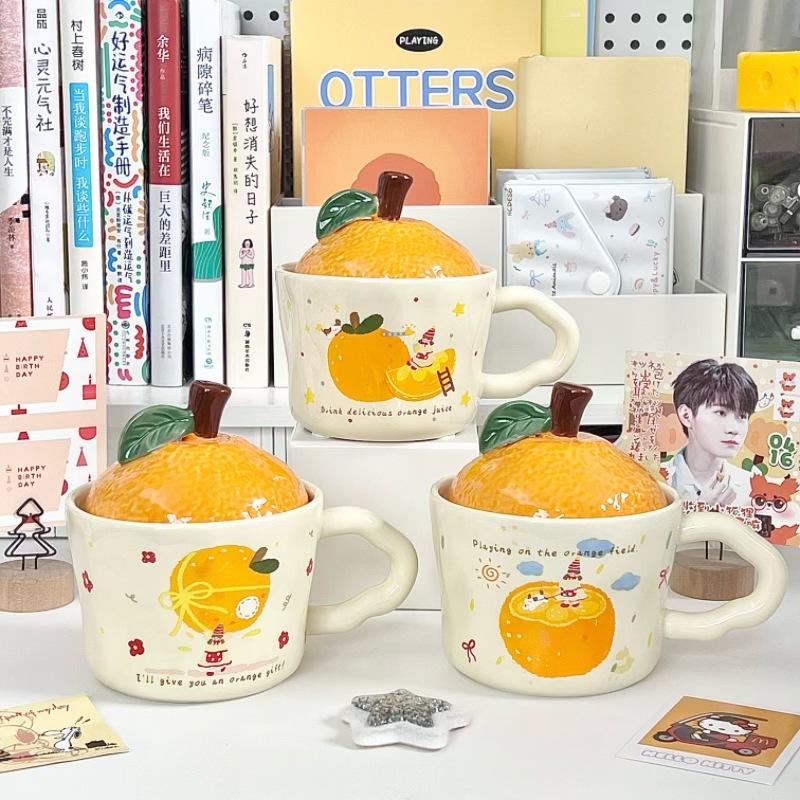 New Year's Gift Cute Orange Water Cup Boys and Girls Souvenir Gift Box High Value Ceramic Mug with Lid Spoon