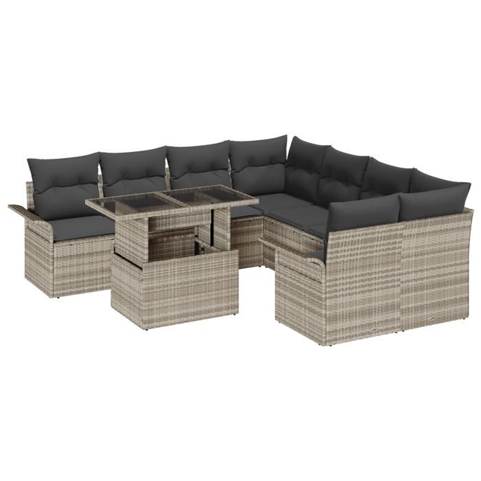 VidaXL Ensemble de Canapé de Jardin 9 Pièces avec Coussins Gris Clair Poly Rattan 3356995