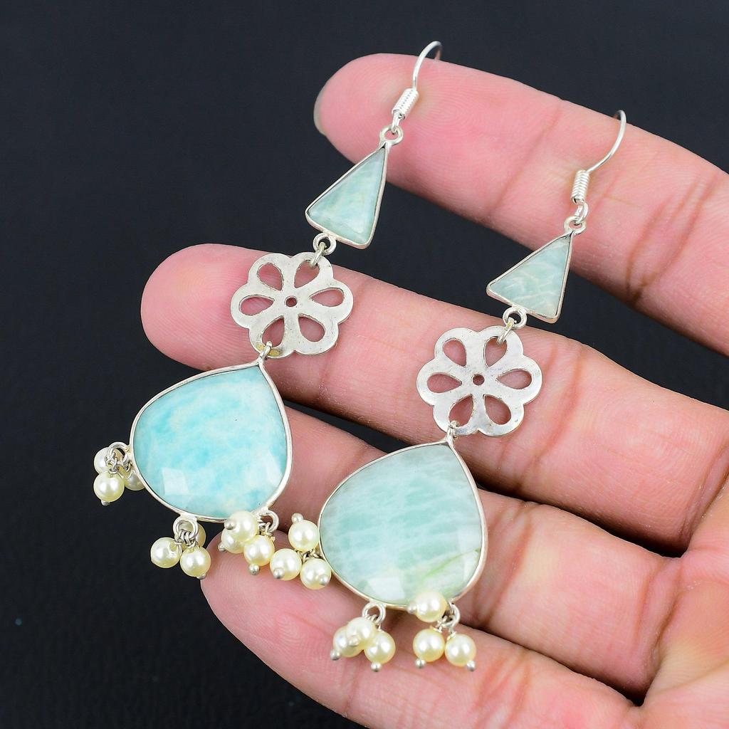 Anniversary Gift For Her Natural Amazonite Drop/Dangle Earrings 925 Silver