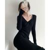 Retro Autumn and Winter Oblique V-neck Black Long-sleeved Knitted Long Skirt Sexy Hip Skirt Thickened Slim Dress