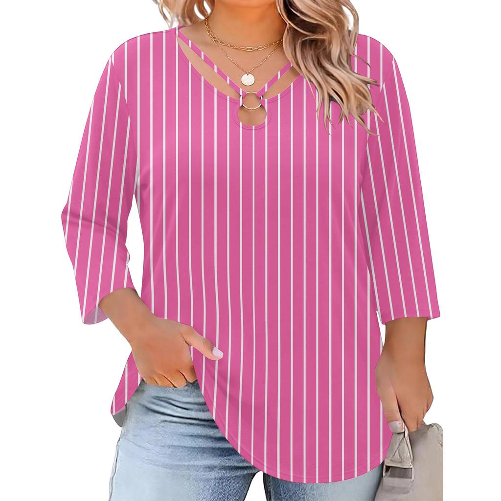 Women's Plus Size Floral Print Three-Quarter Sleeve Top, Casual Blouse, Loose Fit Tunic for Spring Summer, Daily Wear, Work, and Going Out