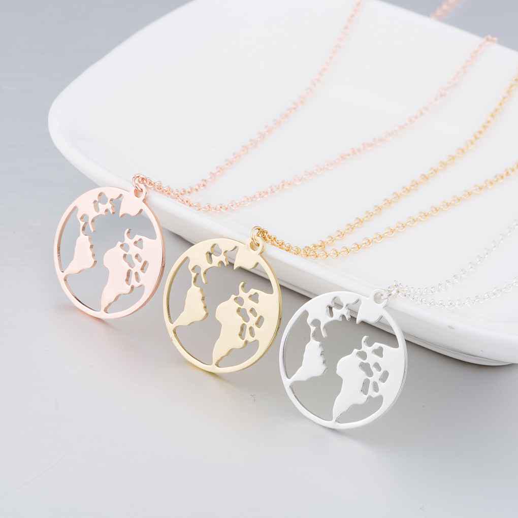 Women Hollow Map Pattern Necklace Lady Girl Round Neck Pendant Plating Copper Jewelry