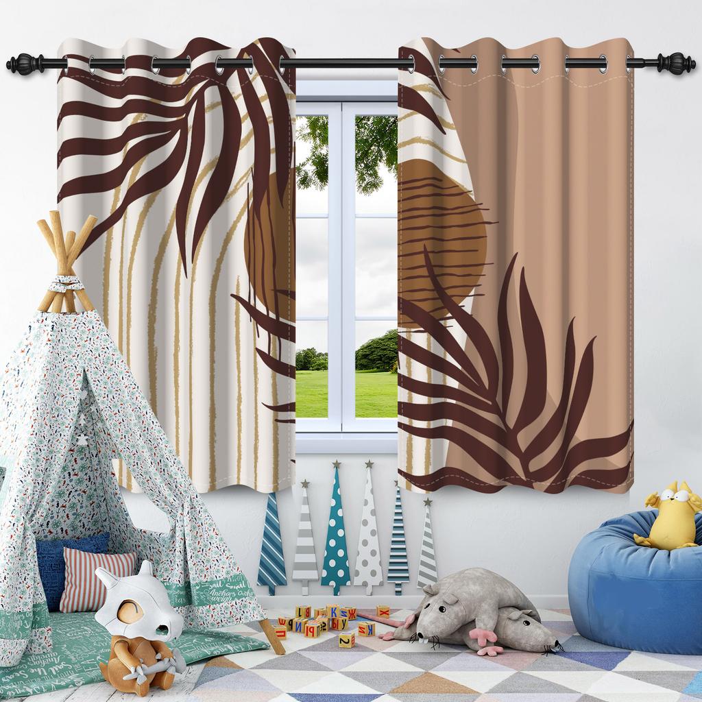 2Pcs Bohemian Style Curtains Plants Leaf Geometric Pattern Blackout Curtains Boho Window Curtain for Bedroom Apartment Decor