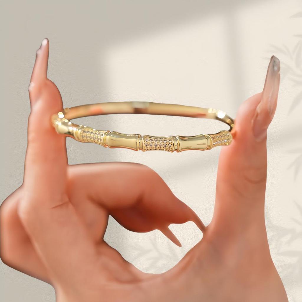 Elegant Zirconia Bamboo Bracelet: Gold-Plated Copper for a Sophisticated Touch