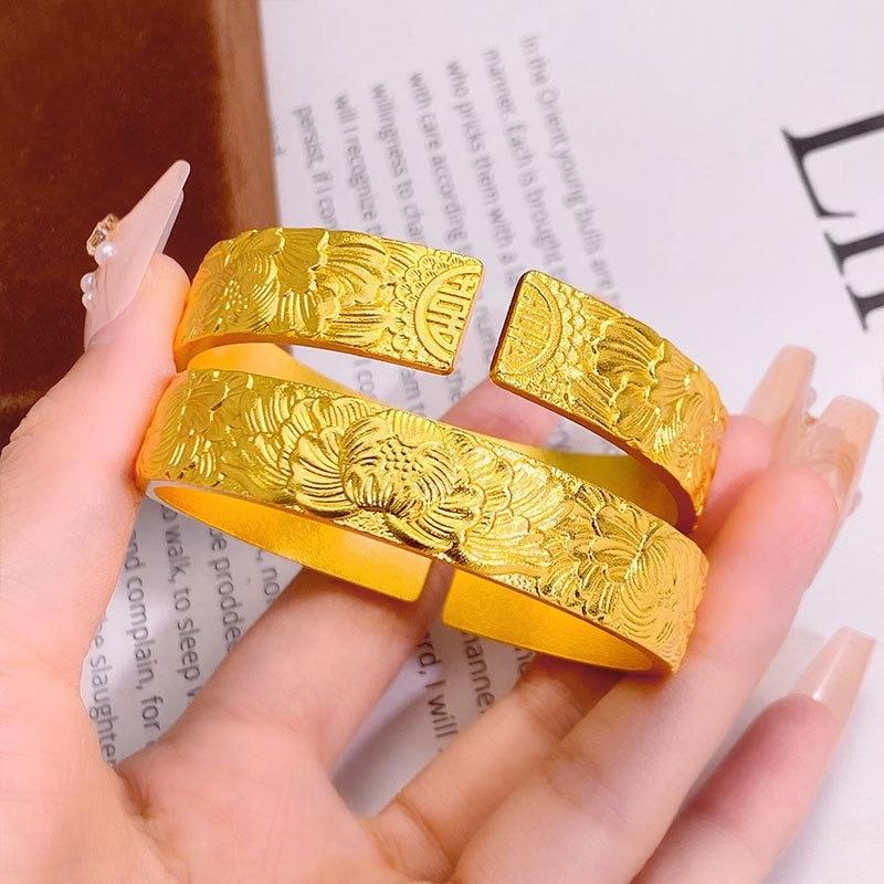 Peony Double Happiness Bracelet Women's Wide Version Engraved Flower Open Bracelet