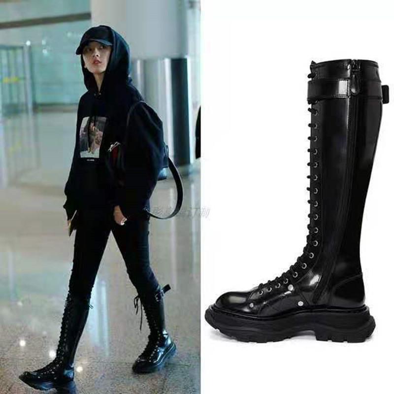 Fashion New Fashion Women Cross Strap PU Leather Boots Autumn Winter Knee High Boots Ladies Thick Sole Platform Botas Mujer