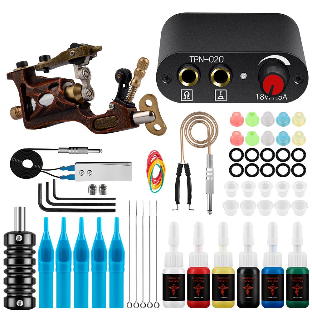 

PHOENIXY Complete Tattoo Machine Kit Set Coils Guns 6 Colours Tattoo Pigment Inks Набори Power Tattoo Beginner Grips Набори I