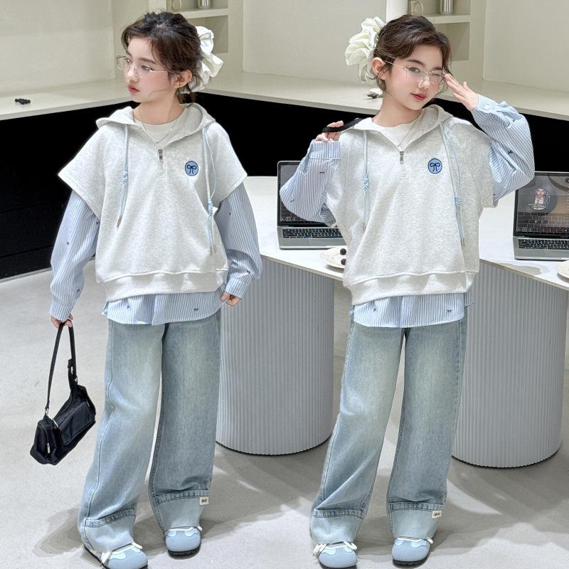 Girls' Spring & Autumn Korean-Style Two-Piece Sweatshirt and Jeans Set (2025)