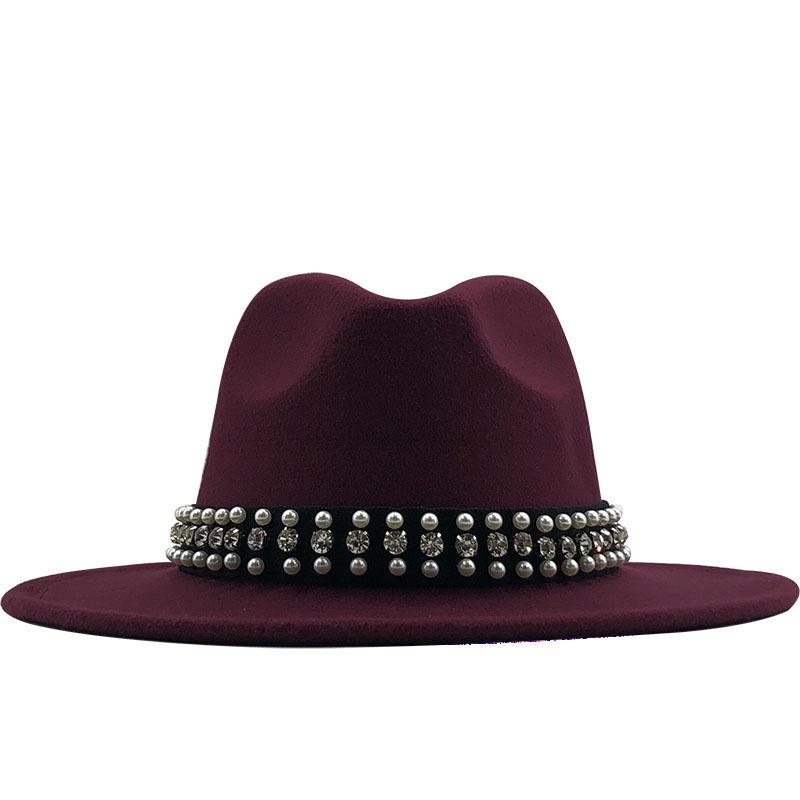 European, American and British Style Retro Fringed Pearl Chain Woolen Felt Hat Wide-brimmed Top Hat Korean Jazz Hat Lady Hat Tide