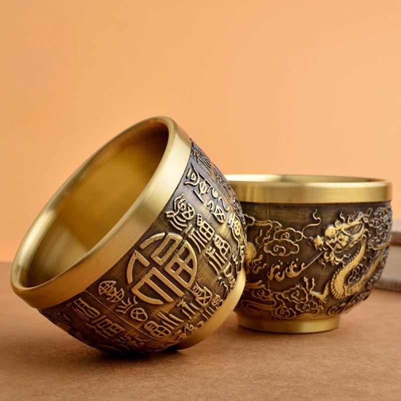 Brass Vintage Wine Cups Hand - Carved Fu/Landscape/Dragon Patterns for Gift & Collection Brass Drinking Cup Decor