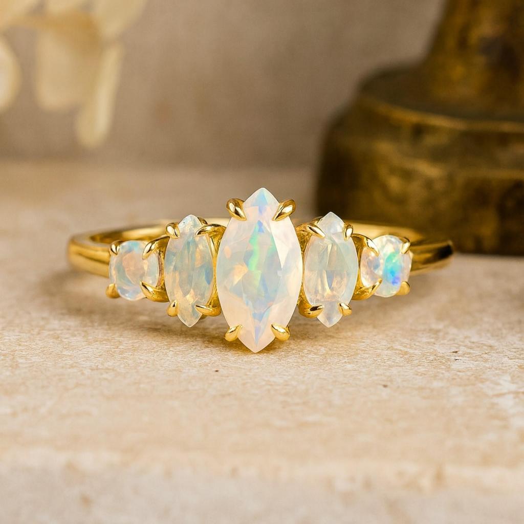 Marquise & Round Opal Ring – Yellow Gold Plated 925 Sterling Silver Bridal Wedding Band – October Birthstone Jewelry Gift for Her