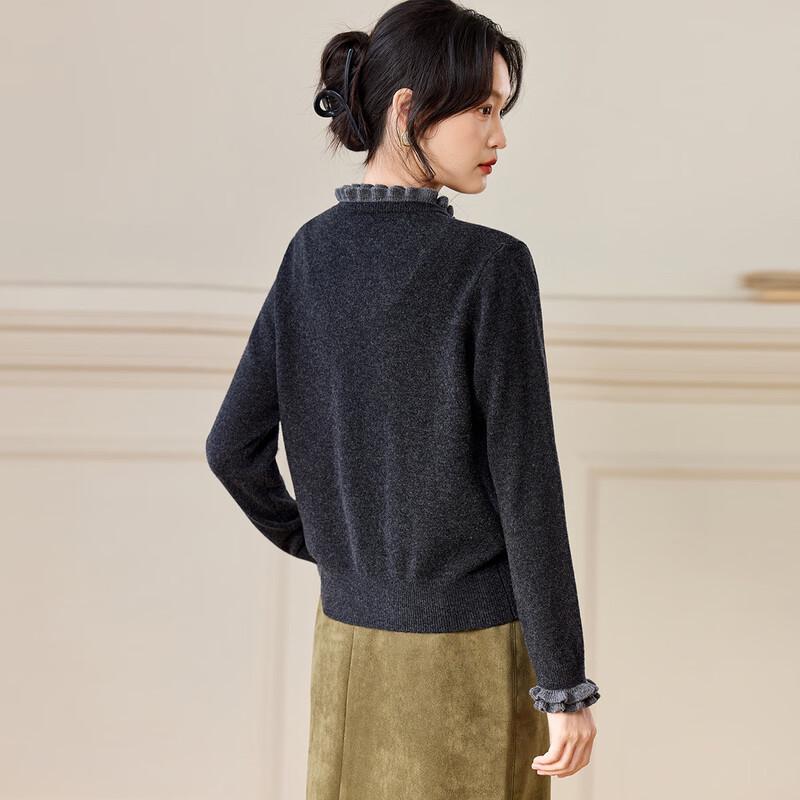Srcr Women's 100% Merino Wool Ruffle Trim Knit Cardigan