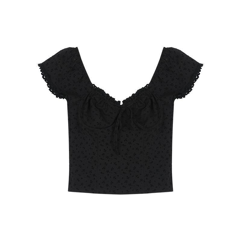 Sweet  Spicy Women s Black Lace Trim Two-Piece Set - Short-Sleeved Shirt  Bowknot Skirt S (80-95 lbs) черный верха