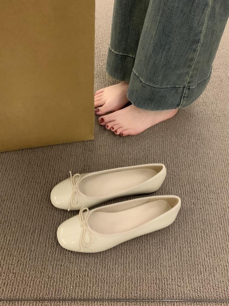 Bow Fairy Shallow Mouth Single Shoes Female Spring and Autumn New French Retro Gentle Niche Evening Breeze Flat-soled Beanie Shoes