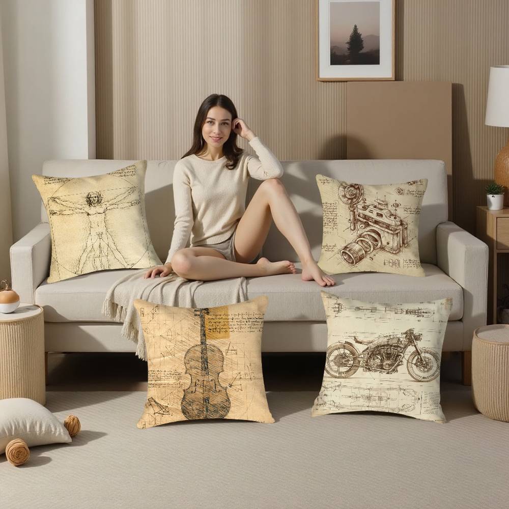 Da Vinci Inspired Sketches Pillow Case Plush Fabric Soft Double Sided Print Sofa Cushion Cover Throw Pillow Covers