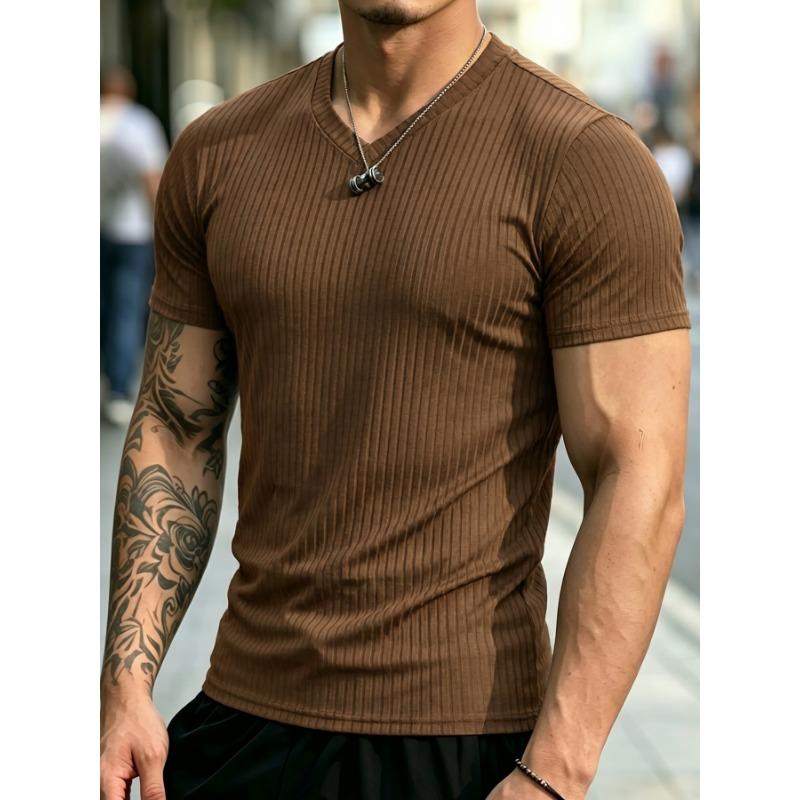 Men Vertical Ribbed V-Neck T-Shirt Slim Fit Breathable Quick Dry Stretch Knit Casual Streetwear Short Sleeve Pullover