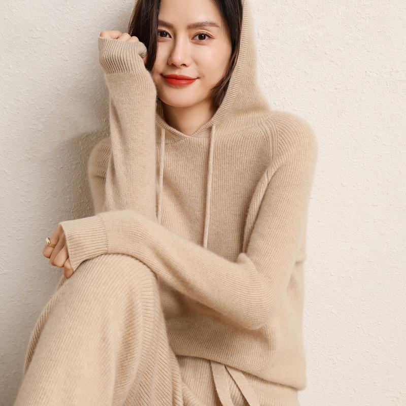 Women's 100% Wool Hooded Sweater for Fall/Winter - New Arrival Thick Knit Cashmere Base Layer