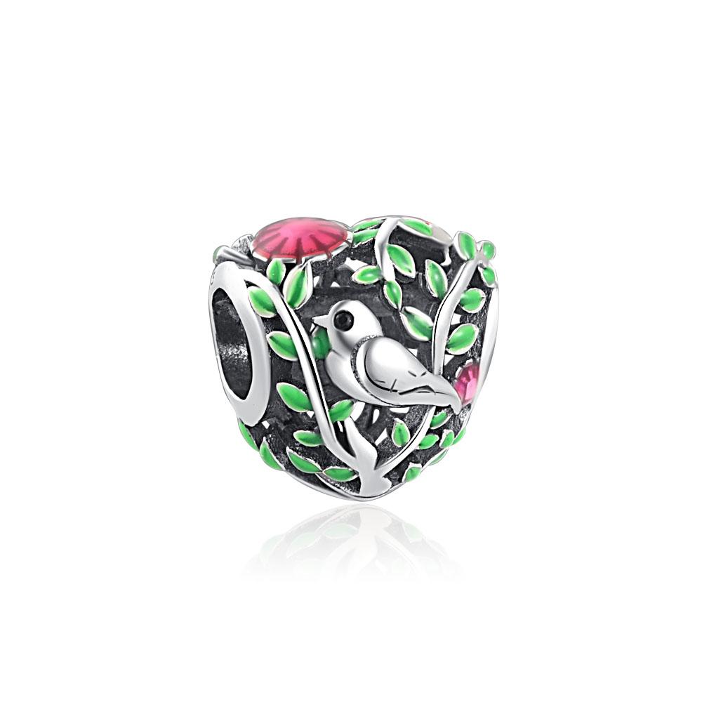 NEW Fine S925 Silver Pink Glass Flamingo Dangle Bead Pendat Fit Original  Bracelet Jewelry Shiny Colored Zircon Bird Charm