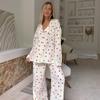 women's Loose Fit Heart Print Long Sleeve Pajama Set Soft Casual Loungewear 2 Piece Outfit Sleepwear