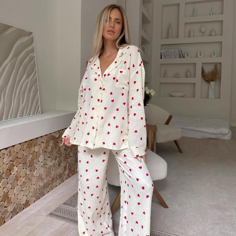 women's Loose Fit Heart Print Long Sleeve Pajama Set Soft Casual Loungewear 2 Piece Outfit Sleepwear