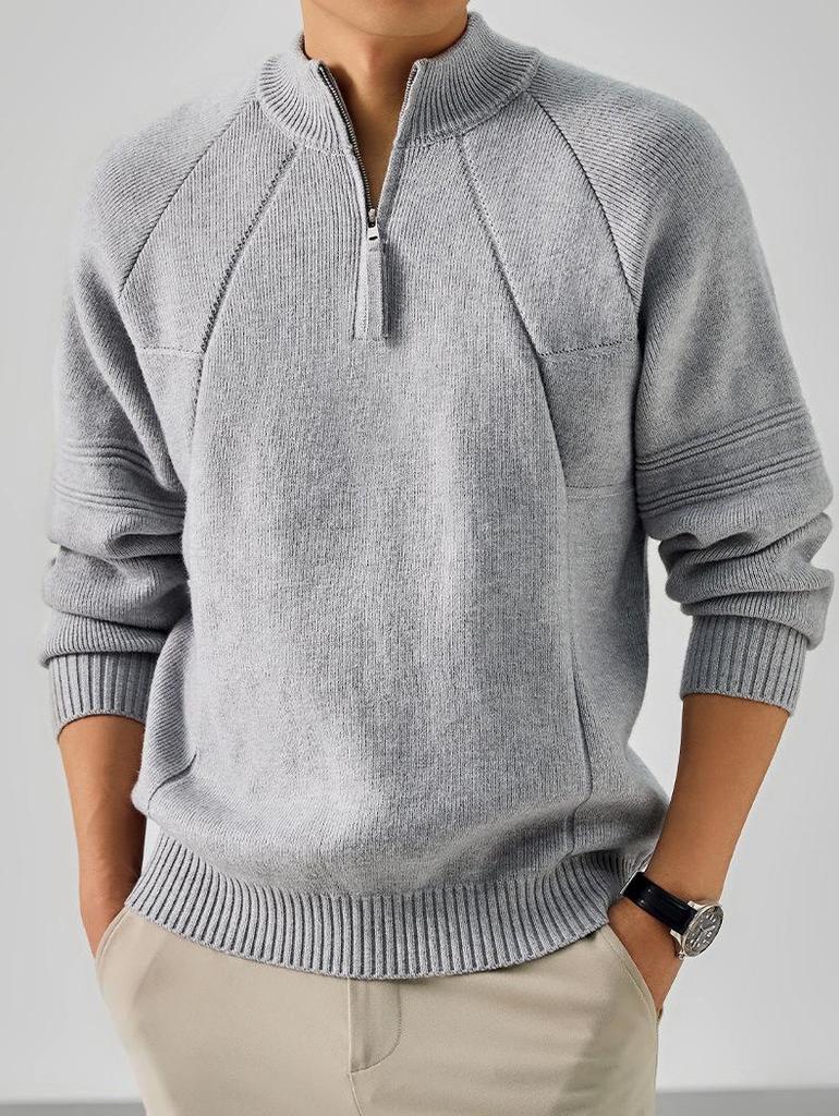 Men's Retro Jacquard Half-Zip Knit Sweater - Solid Color, Versatile, High Weight Layer for Autumn & Winter Casual Wear