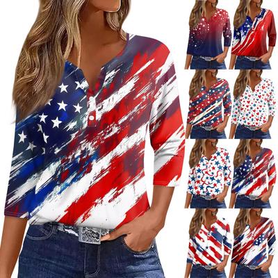 T-shirt imprimé boutonné à manches 3/4 pour femme - Haut basique à col en V - Mode quotidienne - Week-end