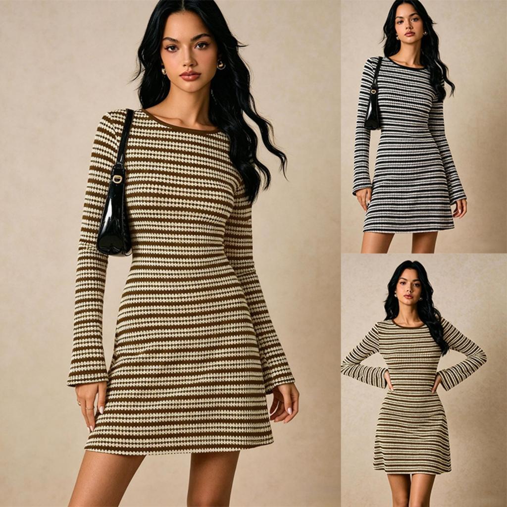 New Women's Crew Neck Pullover Colorblock Striped Slimming Fit Knit Dress for Women Leisure Europe America