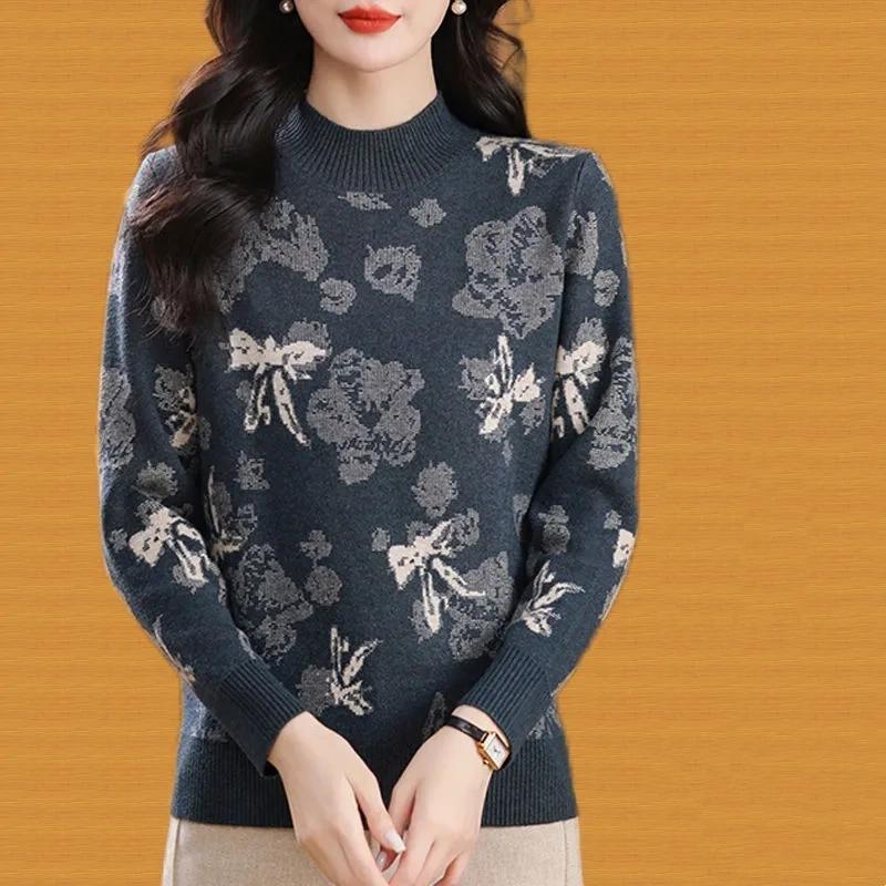 Autumn Winter Semi-turtleneck Jacquard Women's Sweater Autumn and Winter New Fashion Knitted Bottoming Shirt Top