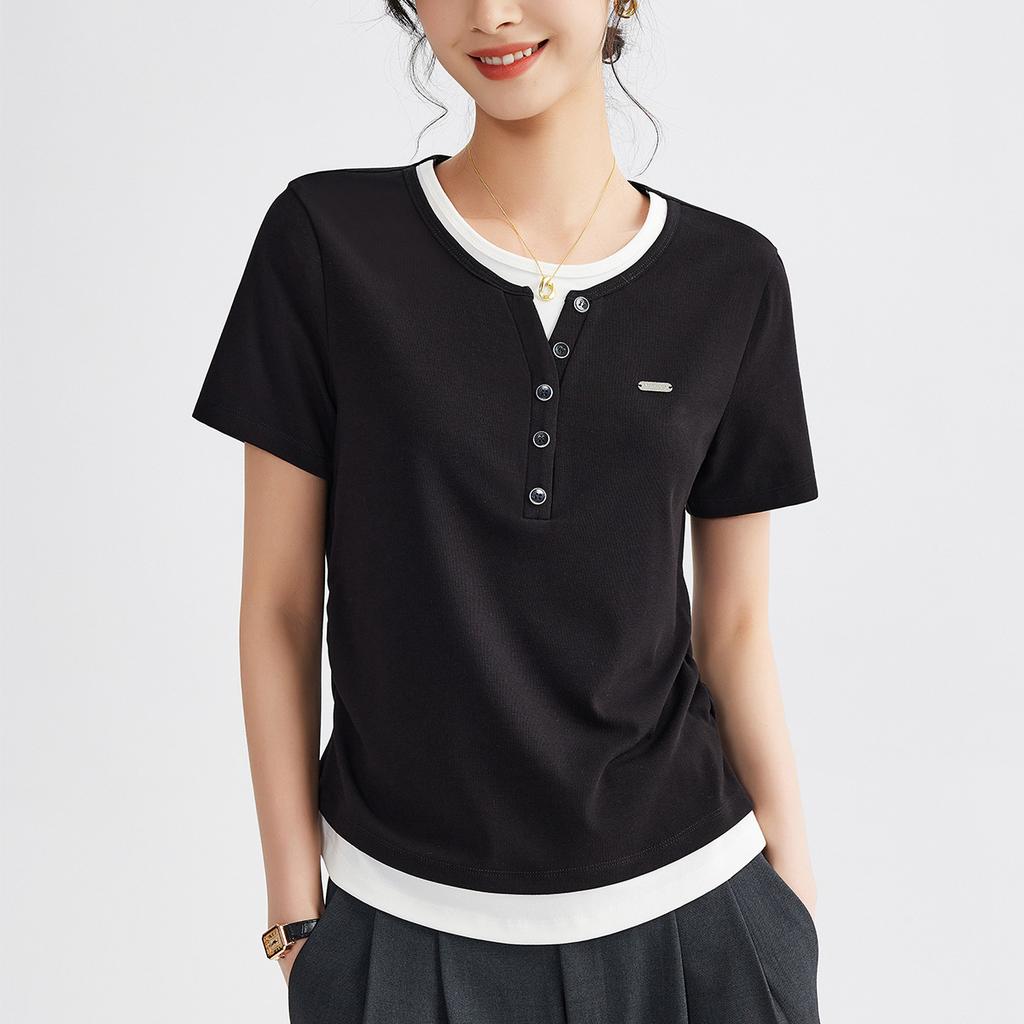 Women's Summer New Color Contrast Fake Two Pleated Short Sleeve Design Sense Inside The Top